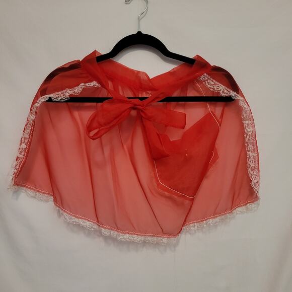 Vintage Sheer Red Apron Lace Waist Tie Bell Pocket Holiday Pin Up Festive USA - Picture 4 of 8